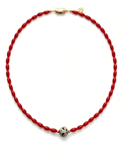 Naszyjnik czerwony koral i jaspis dalmatyński Bean Gold